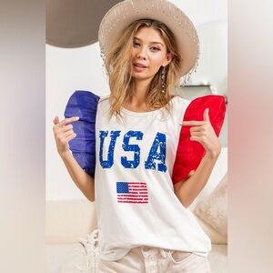 BiBi USA Theme Color Block Organza Ruffle Sleeve Top 10010087503